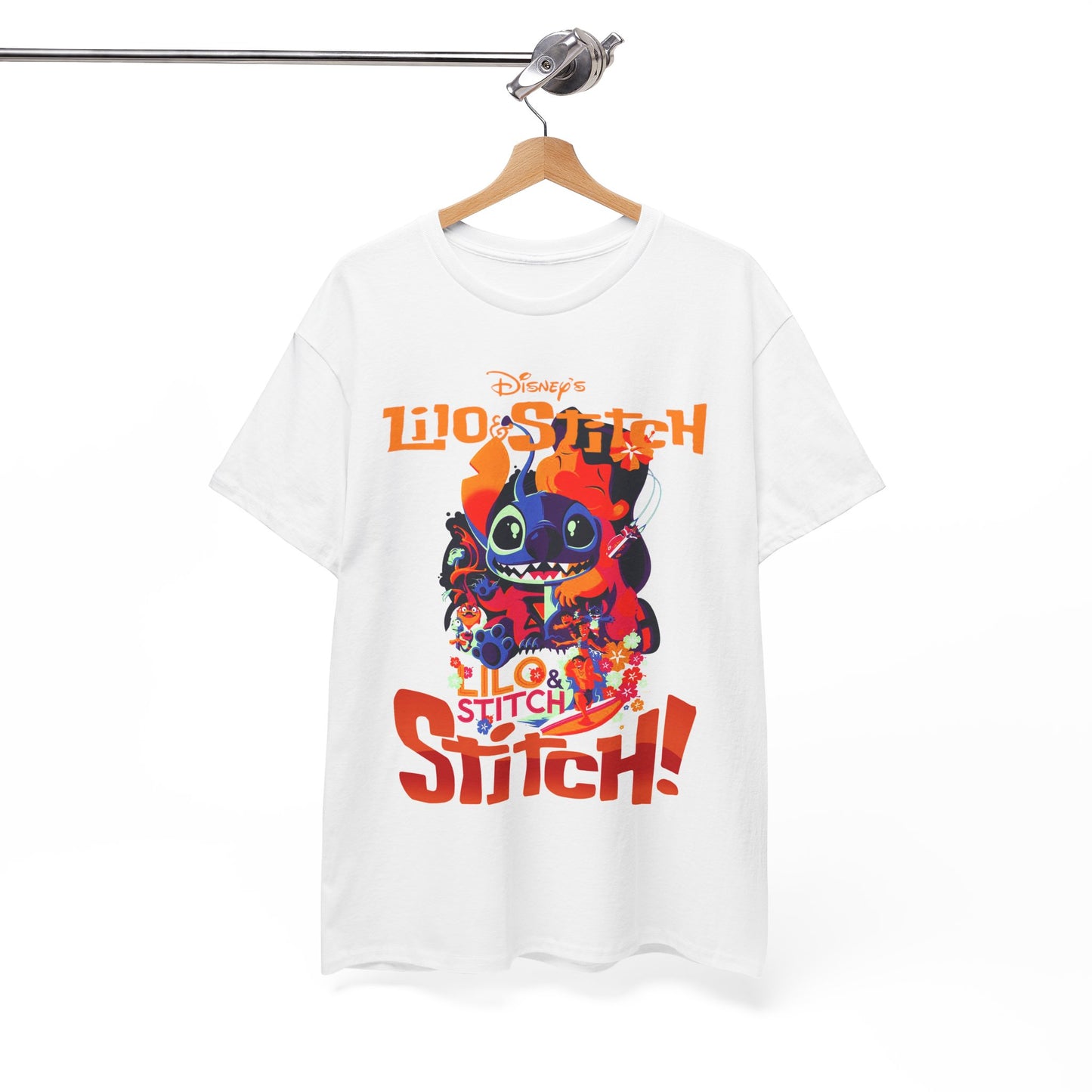Sleek white Lilo & Stitch graphic t-shirt showcased on a hanger, featuring a vibrant illustration of Stitch and floral accents. Perfect for those looking to elevate their Disney-inspired fashion.