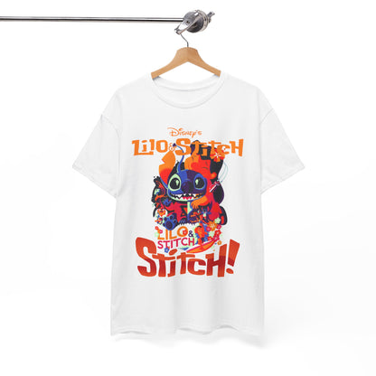 Sleek white Lilo & Stitch graphic t-shirt showcased on a hanger, featuring a vibrant illustration of Stitch and floral accents. Perfect for those looking to elevate their Disney-inspired fashion.