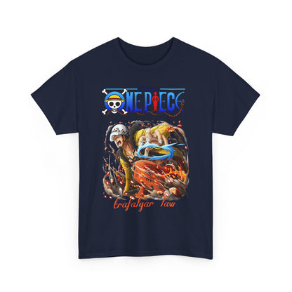 Striking men's t-shirt featuring vibrant Trafalgar Law graphic, a celebration of anime artistry, crafted from premium soft fabric.