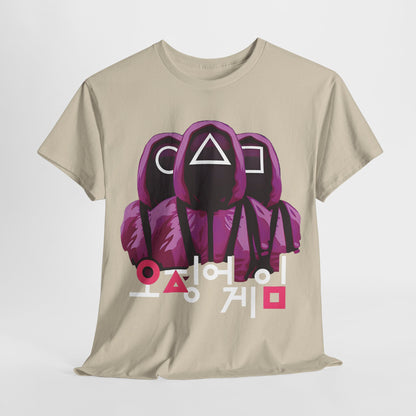Squid Game Unisex Men’s Women’s Graphic T Shirt Tee in beige, featuring iconic purple hooded figures and Korean text, a luxurious addition to any wardrobe.