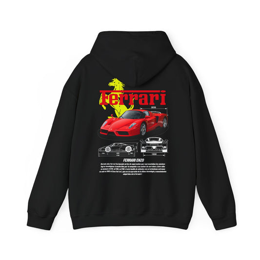 Chic black Ferrari Enzo hoodie showcasing a bold back graphic of the renowned sports car, with intricate details and Ferrari branding, ideal for passionate collectors and luxury fashion lovers.