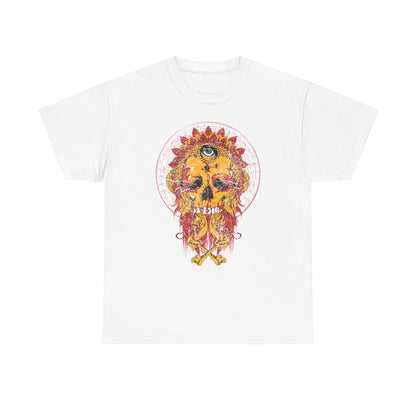Luxury Infernal Monarch Skull Graphic Tee in White, featuring an intricate design of a skull with a vibrant crown headdress and an all-seeing eye, accentuated by fiery hues of orange and red, perfect for stylish individuality.