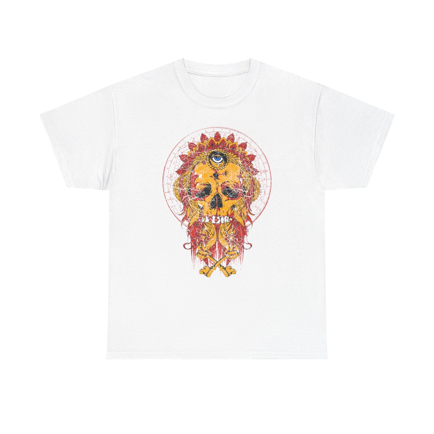Luxury Infernal Monarch Skull Tee displayed on white background, featuring intricate design of a skull adorned with a vibrant headdress, all-seeing eye, and crossed keys, embodying a rich tapestry of colour and detail.