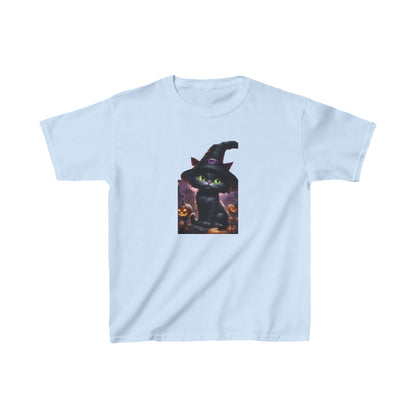 Kids Cute Kitten Halloween T-shirt featuring an enchanting black kitten in a witch's hat surrounded by pumpkins, presented in a soft blue hue - Heavy Cotton Tee by Dazzling Dreams.