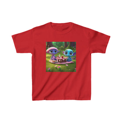 Kids Heavy Cotton Tee adorned with playful cute alien designs in vibrant red, ideal for expressing creativity and joy.