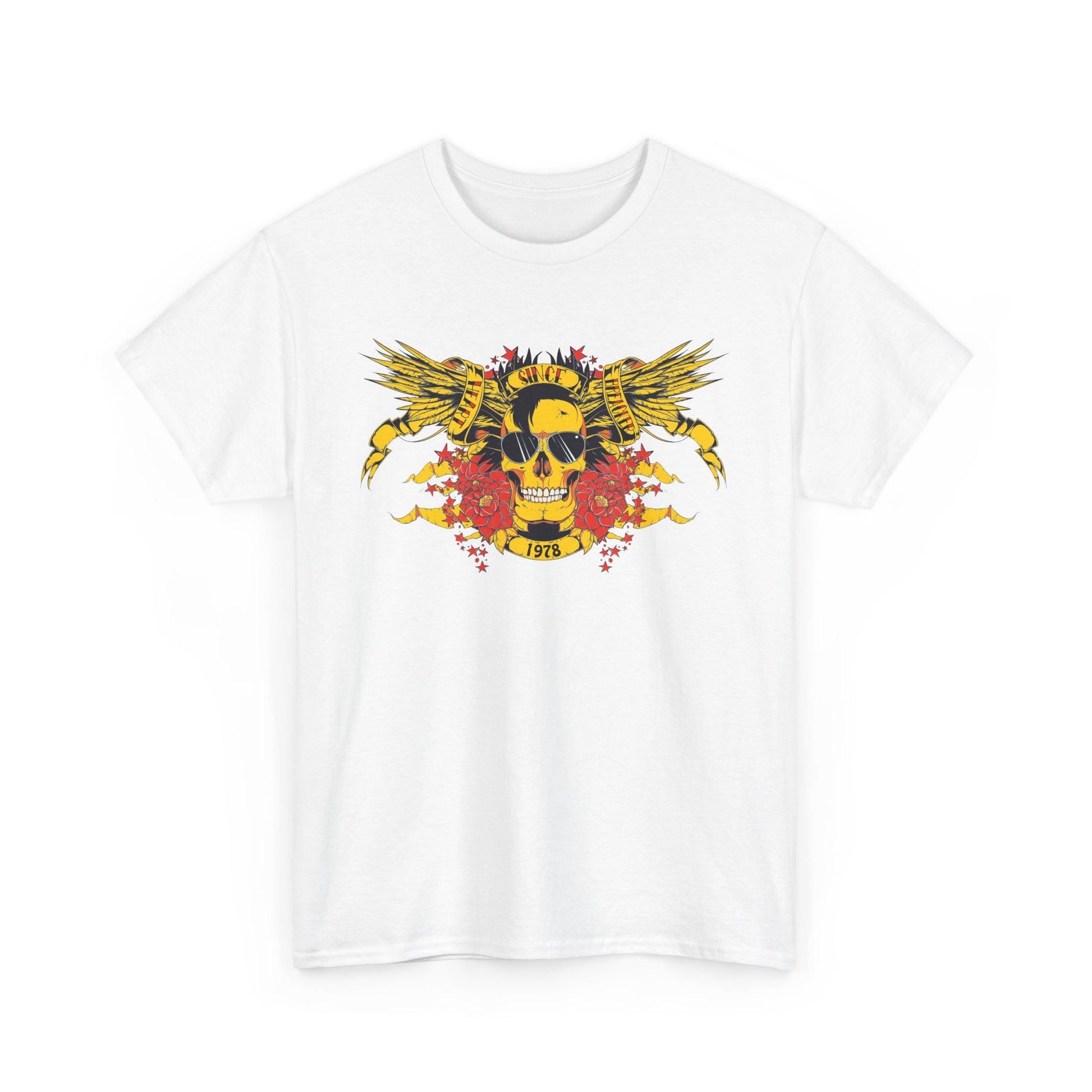 Stunning graphic t-shirt featuring a bold yellow skull with wings, intricate floral accents, and retro 1978 design, ideal for making a statement.