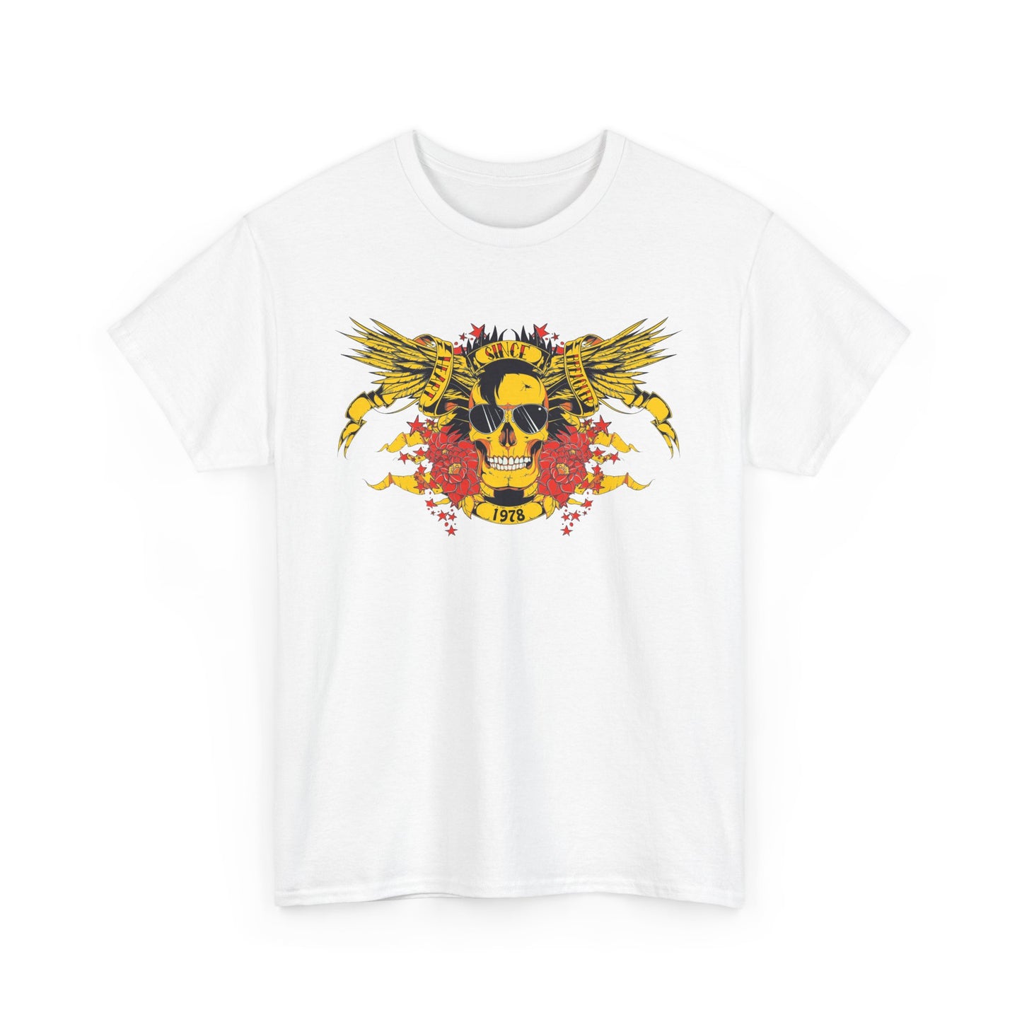 Stylish luxury white t-shirt showcasing a bold yellow skull graphic with wings and floral accents, celebrating a timeless 1978 aesthetic.
