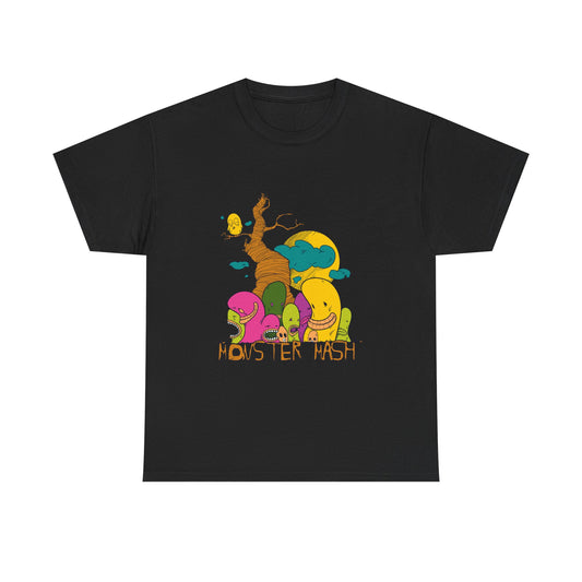 Monster Mash T-Shirt in black showcasing a bold cartoon illustration with a whimsical tree and cheerful colourful characters, ideal for fashion-forward individuals.