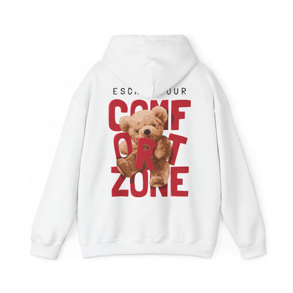 Luxurious white hoodie featuring a bold back print with the phrase 'ESCAPE YOUR COMFORT ZONE' accompanied by an adorable teddy bear graphic.