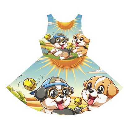 Sophie Bellevue Girls Summer Sundress by Dazzling Dreams Studio featuring vibrant puppy tennis design, perfect for sunny days.
