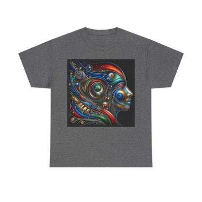 Stained Glass Dreams Unisex T-Shirt in dark grey, presenting an intricate face design infused with vivid abstract patterns, an ideal choice for those seeking luxury and unique style.