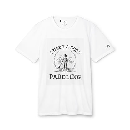 Adidas Women’s Eco-Friendly Paddleboarders T-Shirt in White featuring the phrase 'I NEED A GOOD PADDLING', combining stylish design with sustainable materials.