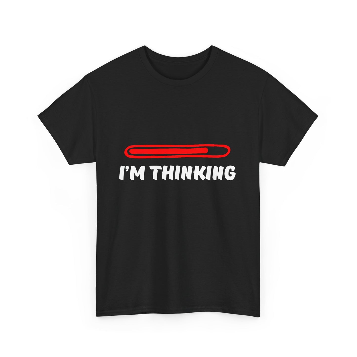 Stylish black t-shirt featuring a bold graphic design with a red progress bar and the phrase 'I'M THINKING', a unique statement piece.