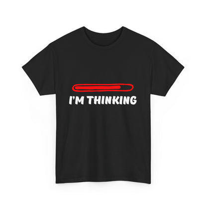 Stylish black t-shirt featuring a bold graphic design with a red progress bar and the phrase 'I'M THINKING', a unique statement piece.