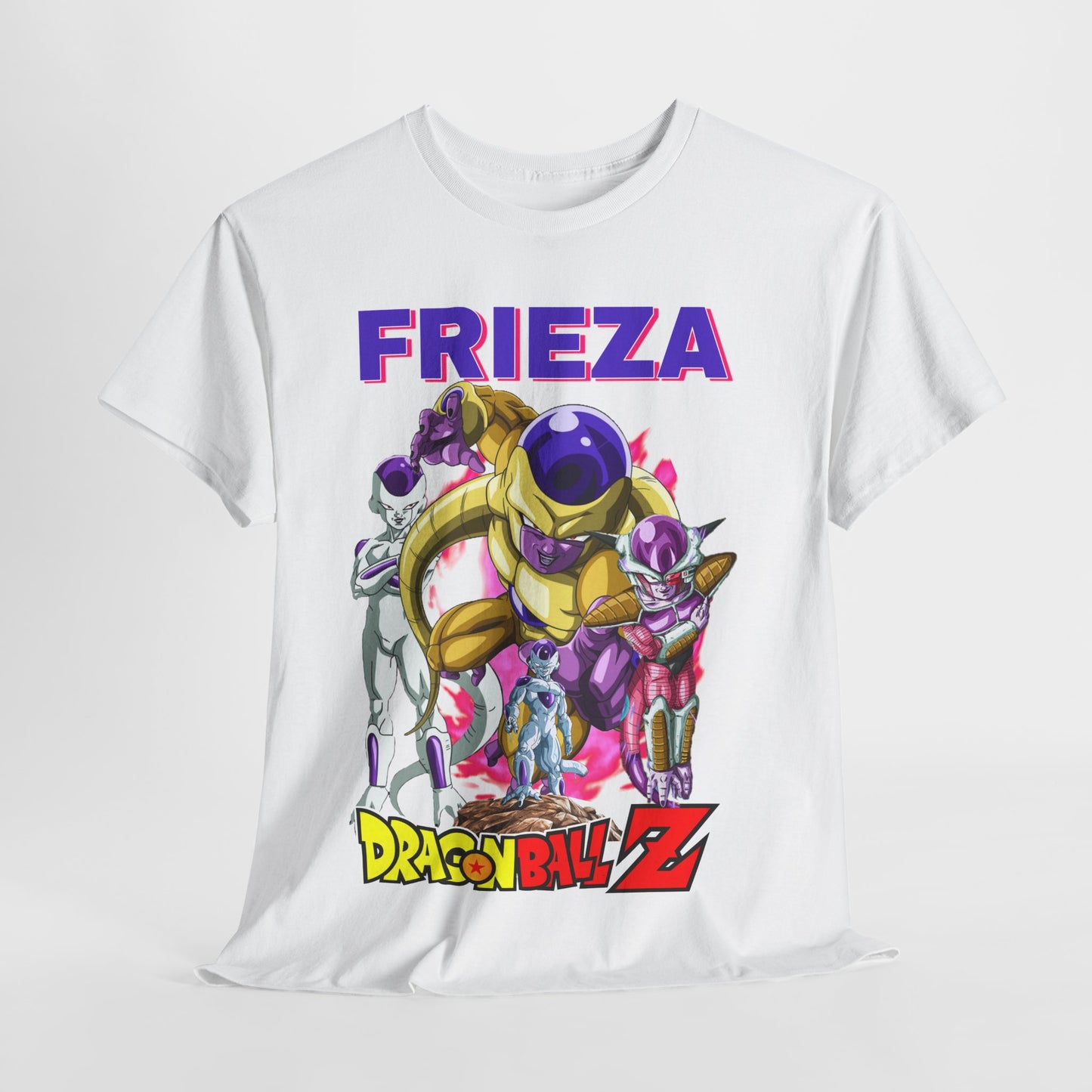 Premium quality Dragon Ball Z T-shirt with an iconic Frieza graphic, elegantly displayed on a soft white fabric, ideal for fashionable anime fans.