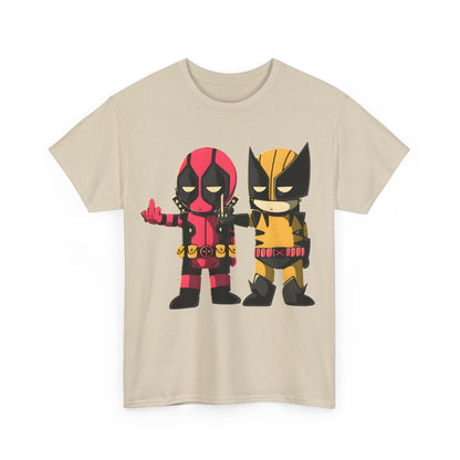 Stylish graphic tee featuring Deadpool and Wolverine in adorable chibi form, capturing luxury and humor in the Deadpool and Wolverine Humorous Graphic collection.