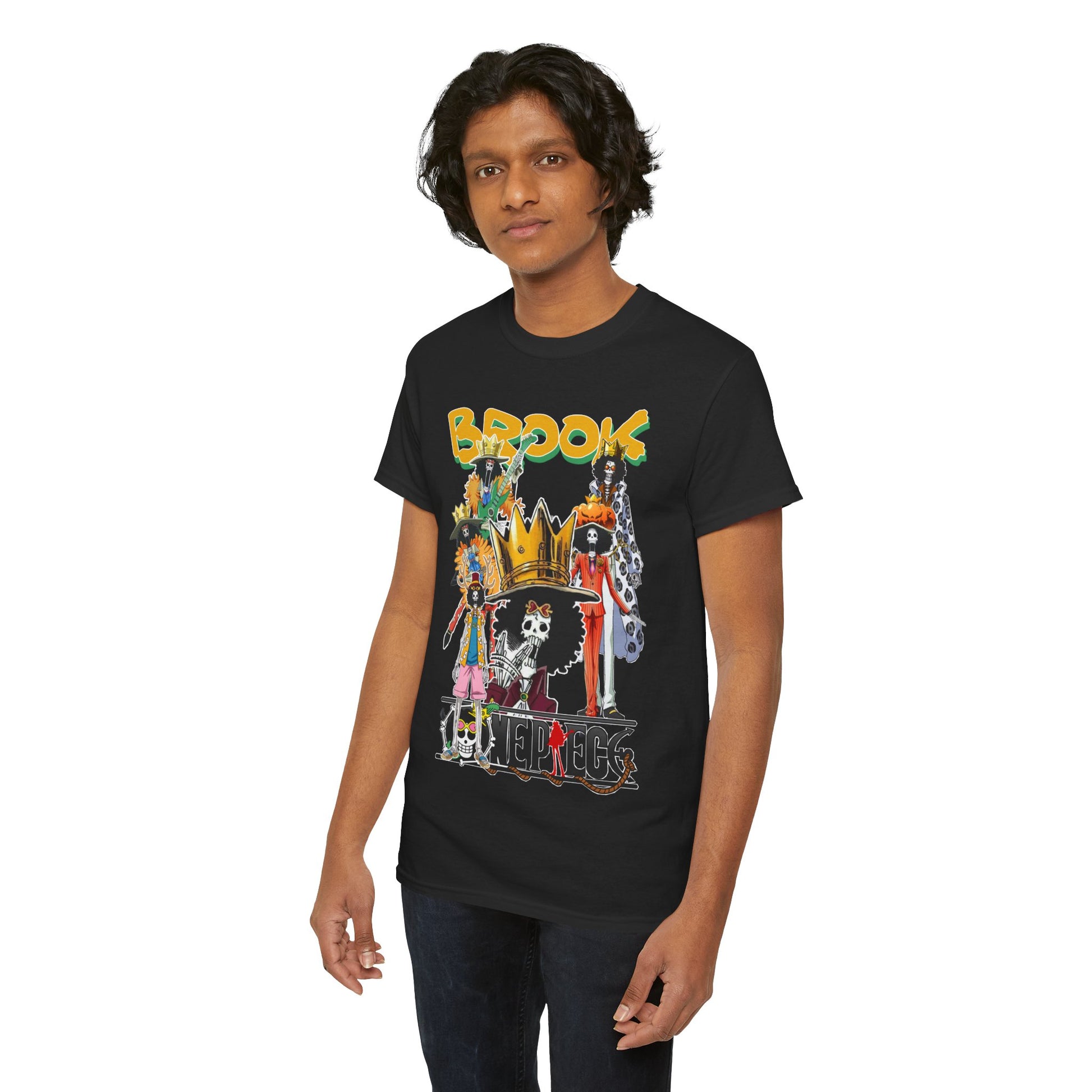 Male model presenting a luxurious black t-shirt featuring vibrant Brook characters from 'One Piece', elegantly styled for contemporary anime fans.