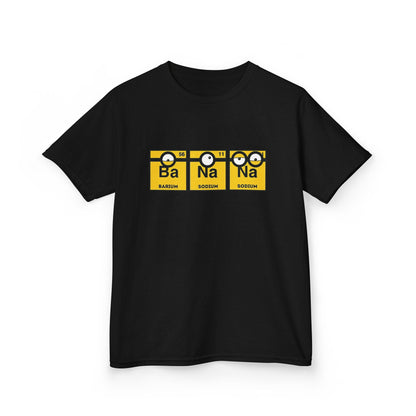 Minions Kids T-Shirt Banana Yellow Periodic Table Elements Tee presented in black, featuring the playful Barium and Sodium elements that kids will love. Perfect for science-themed fun! T Shirt, Funny, Minions.