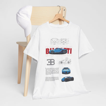 Luxurious Bugatti Chiron men's t-shirt paired with a stylish cap, set against a minimalist backdrop, embodying automotive passion and sophistication.