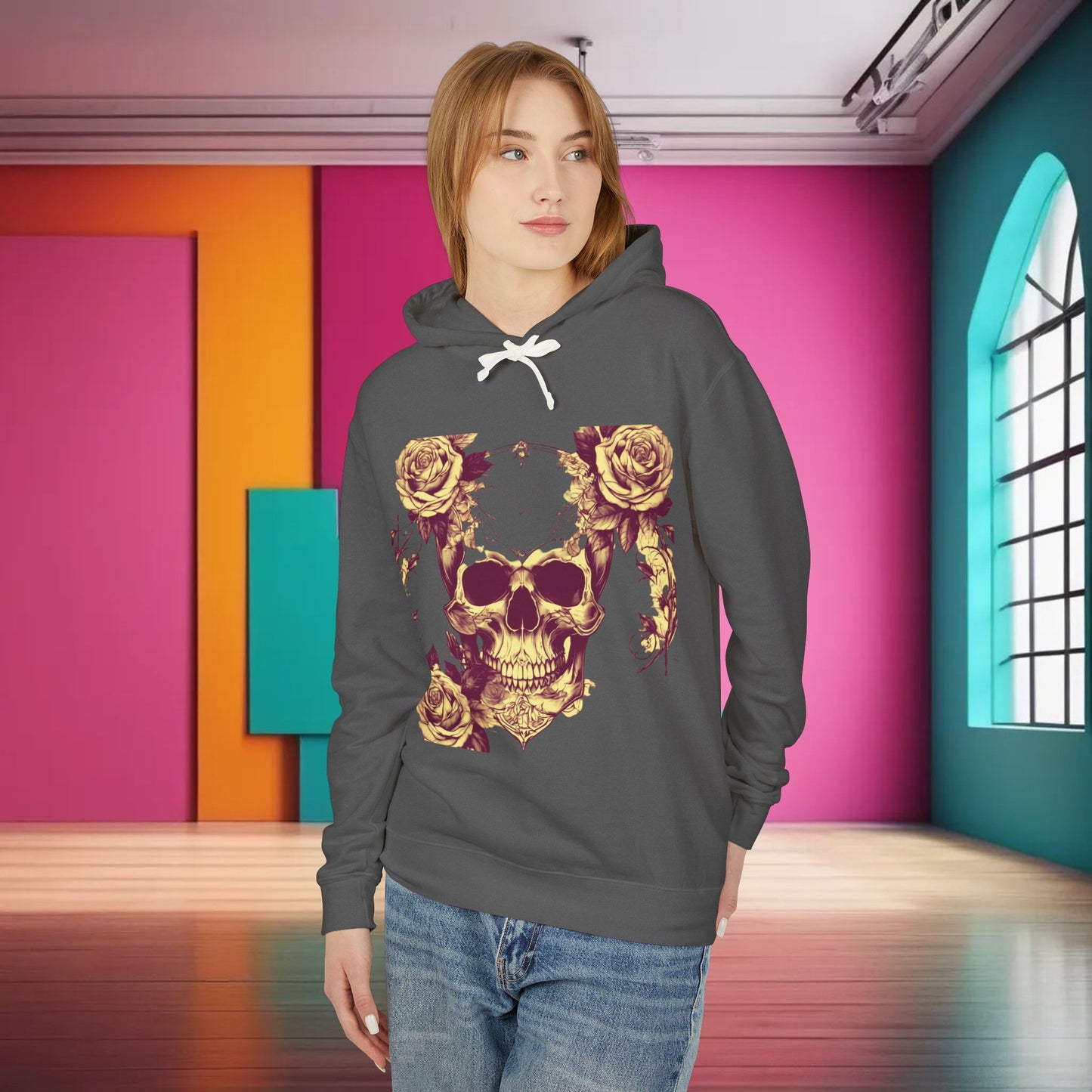 Unisex Lightweight Hooded Sweatshirt unique designer skull and roses