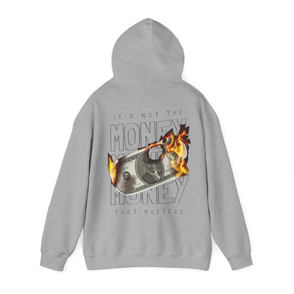 Bold back print hoodie featuring a striking fiery 'IT'S NOT THE MONEY' graphic with a burnt dollar bill design, perfect for making a stylish statement.