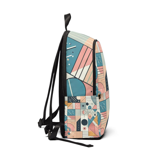 Interior view of Fusion Flex Elite Pastel Geometric Backpack featuring smart organisational pockets and padded straps, designed by Dazzling Dreams Studio for comfort and functionality.