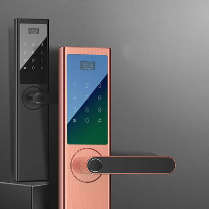 Luxury Home Security Door Fingerprint Lock featuring sleek black and elegant rose gold designs, showcasing a modern touchscreen interface with numeric keypad for enhanced home security.