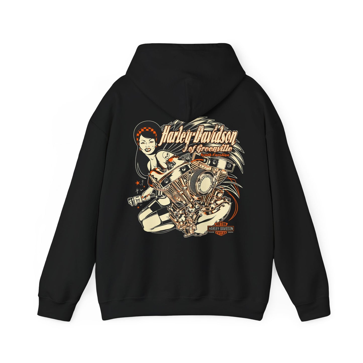 Chic black hoodie adorned with a striking back print, displaying a powerful motorcycle engine complemented by a stylish woman, perfectly representing the iconic Harley-Davidson heritage.