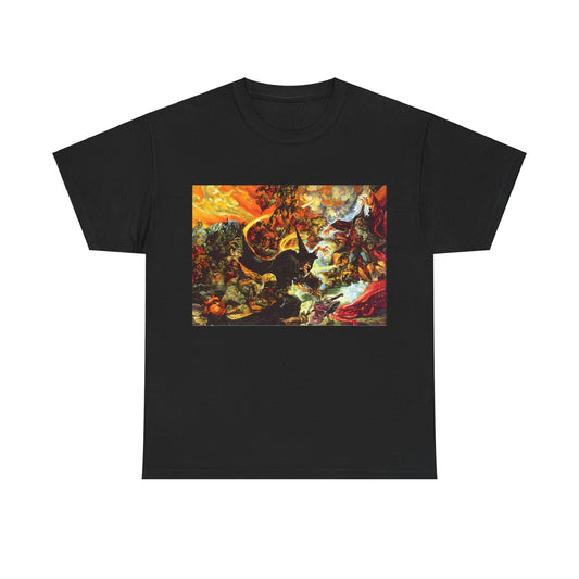 Discworld Equal Rites Graphic Unisex Tee in black, showcasing an intricate fantasy design with a dynamic clash of characters, crafted from luxurious, soft fabric for stylish comfort.