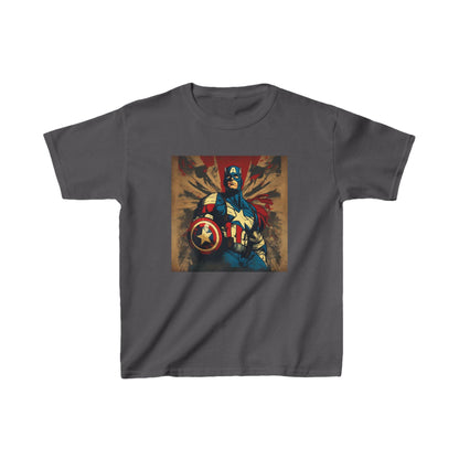 Kids Captain America Heavy Cotton T-Shirt in Slate Grey, featuring a bold Captain America design, perfect for superhero adventures.