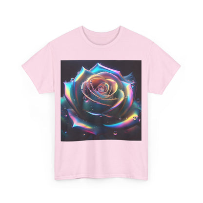 Ethereal Rose Tee Unisex Cotton Graphic T Shirt featuring a stunning close-up of an iridescent rose design with delicate water droplets on a soft pink background, ideal for adding elegance to your wardrobe.