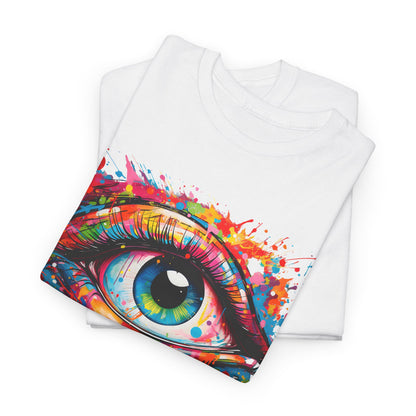 Close-up view of a folded white Luxe T-Shirt featuring a striking eye graphic, ideal for stylish art lovers seeking distinctive apparel.