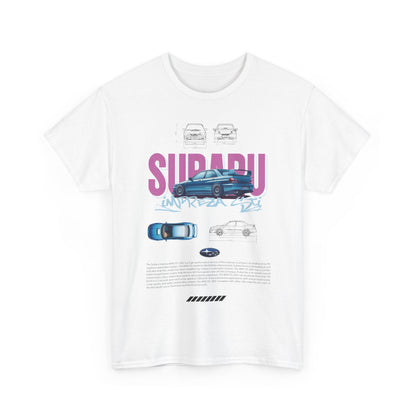 Luxurious white men's t-shirt featuring a bold graphic design celebrating the iconic Subaru Impreza WRX STI, set against a stylish pinkish-purple background.