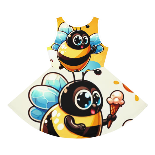 Penelope Poshangles Bee-Themed Girls Sundress adorned with vibrant illustrations of cheerful bees and ice cream cones, designed for a luxurious summer look.