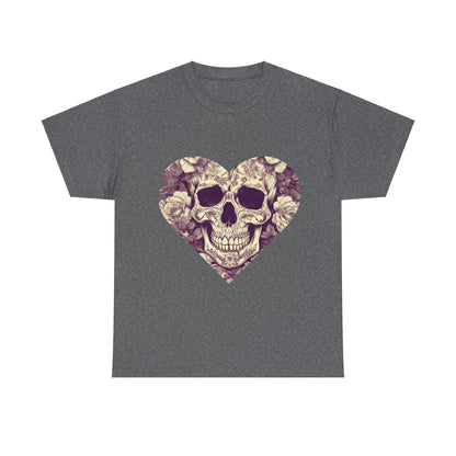 Luxurious Skulls and Roses Cotton Tee featuring a stunning heart-shaped graphic design with intricate skull and floral motifs on a dark grey background.