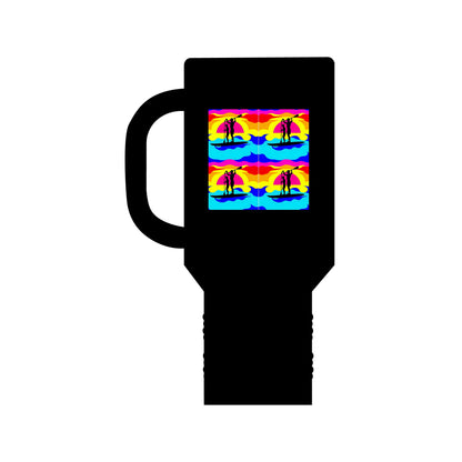 Chic Fantasy Paddleboarding 40oz Insulated Travel Mug in sleek black, adorned with a striking whimsical design of paddleboard silhouettes and vivid sunset imagery.