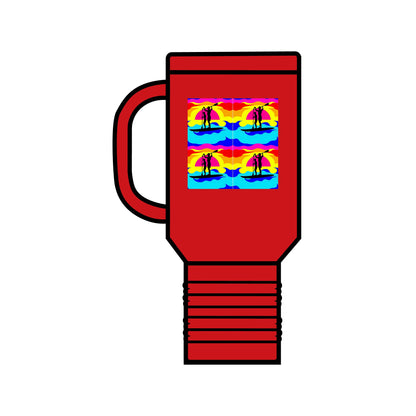 Vibrant Fantasy Paddleboarding 40oz Insulated Travel Mug in rich red, showcasing a unique whimsical design featuring paddleboard silhouettes amidst brilliant sunset shades.