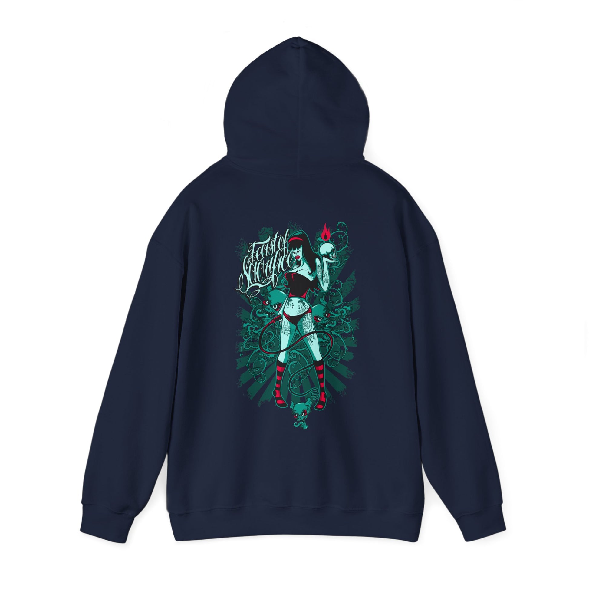 Chic navy hoodie adorned with a striking illustration on the back, blending artistry and comfort in a luxurious style.