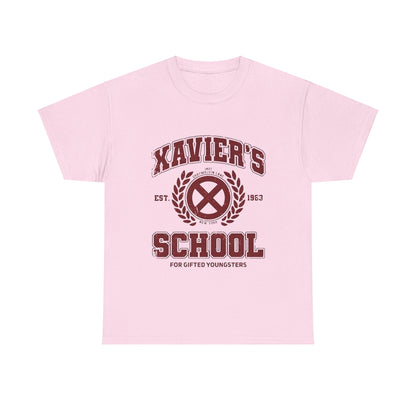 Xavier's School for Gifted Youngsters X-Men Logo Graphic Unisex Tee Shirt in pink, showcasing a beautiful X-Men logo and elaborate wording, perfect for the discerning geek with a flair for style.