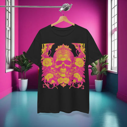 Stylish presentation of the Skulls and Roses Cotton Tee, Unisex Graphic Shirt displayed in a chic interior, highlighting the eye-catching design.