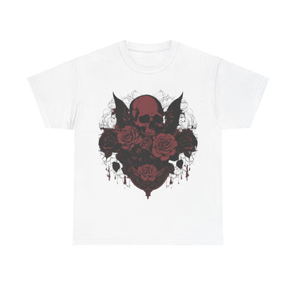 Front view of Skulls and Roses Cotton Tee in white, displaying detailed steampunk artwork of skulls and roses, crafted for those seeking unique fashion statements.