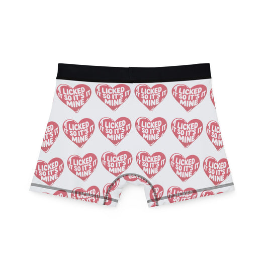 Back view of Valentines Naughty Cheeky Men's Boxer Briefs with red heart design proclaiming 'I LICKED IT SO IT'S MINE', perfect for adding a touch of cheeky luxury to your intimate apparel.