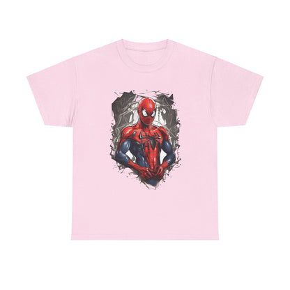 Unleash Your Inner Hero with the Spider-Man Graphic Unisex Graphic Tee Shirt; featuring a vibrant image of Spider-Man in a striking red and blue costume on a pink backdrop.