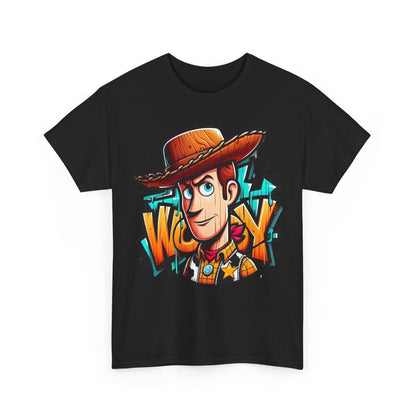 Woody Graphic Unisex Cotton Tee - Nostalgic Design, Comfortable Fit for All Adventures. Captivating front view of a black t-shirt featuring Woody's vibrant graphic design.