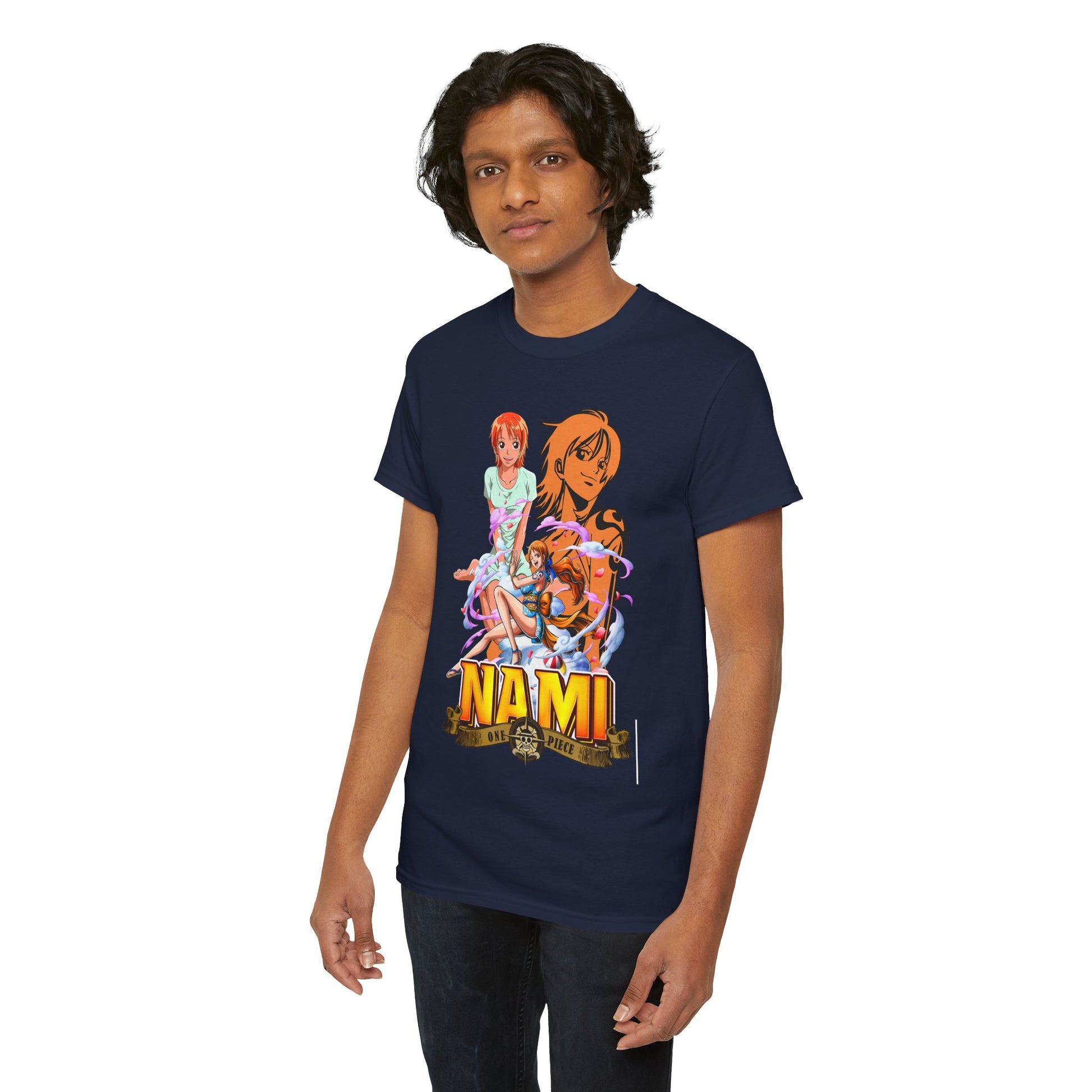Sophisticated navy t-shirt worn by a model, featuring bold Nami anime graphics from One Piece, a perfect statement piece for anime enthusiasts.