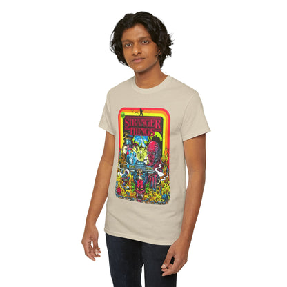 Luxury unisex beige graphic t-shirt featuring vibrant 'Stranger Things' artwork, ideal for sci-fi and nostalgia enthusiasts.