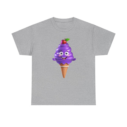 Scoop of Joy: Cartoon Ice Cream Cone Character Tee in grey featuring a whimsical purple ice cream character with a cherry on top, crafted for a luxurious yet playful look.