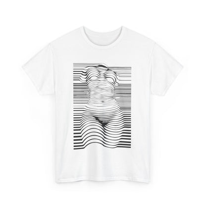 Sophisticated white cotton t-shirt featuring an optical illusion design showcasing flowing black and white lines that elegantly form a woman's silhouette.