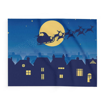 Luxury Decorative and Warm Christmas Arctic Fleece Blanket depicting Santa surrounded by his reindeer against a stunning moonlit backdrop, ideal for holiday warmth and style.