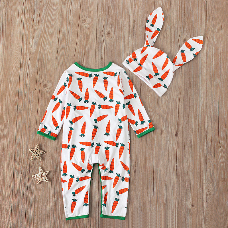 Luxury Cotton Easter Baby Jumpsuit Romper displayed from behind, showcasing its charming carrot pattern and matching bunny hat, perfect for special occasions.